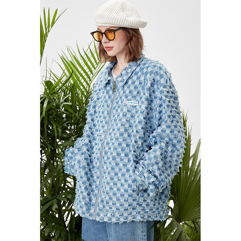 Spring Loose Lapel Plaid Embroidered Label Denim Coat