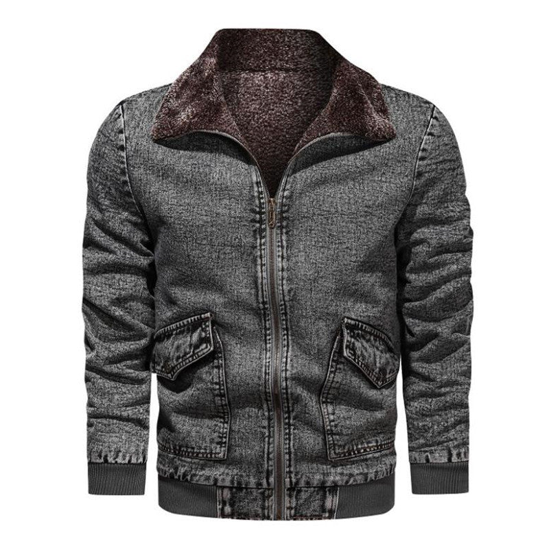Winter Plus Velvet Thick Loose Lapel Plus Size Denim Jacket Men&