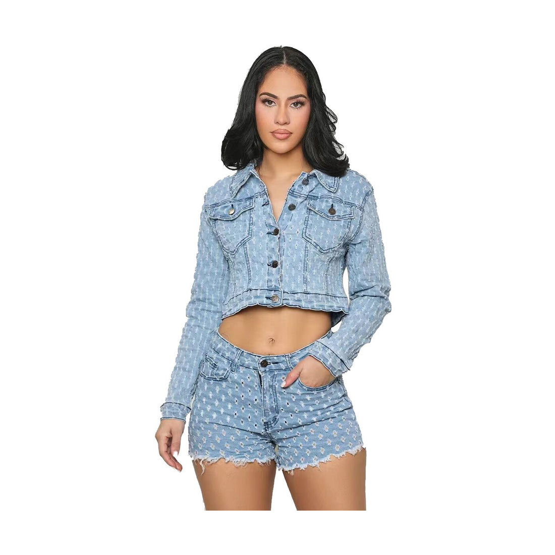 Leisure Ripped Denim Shorts Suit
