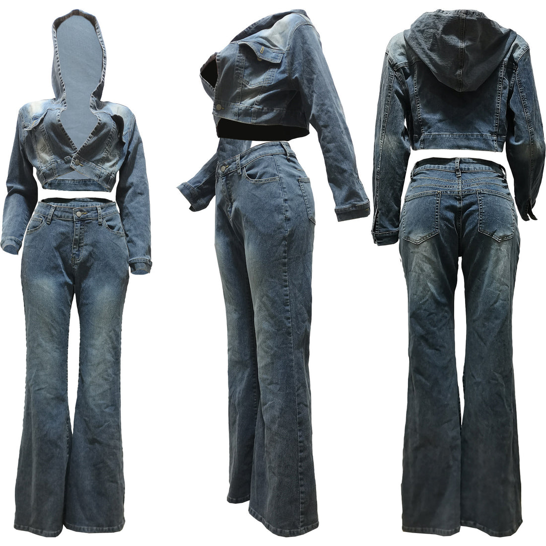 Cardigan Hooded Non-Elastic Bell-bottom Pants Denim Suit
