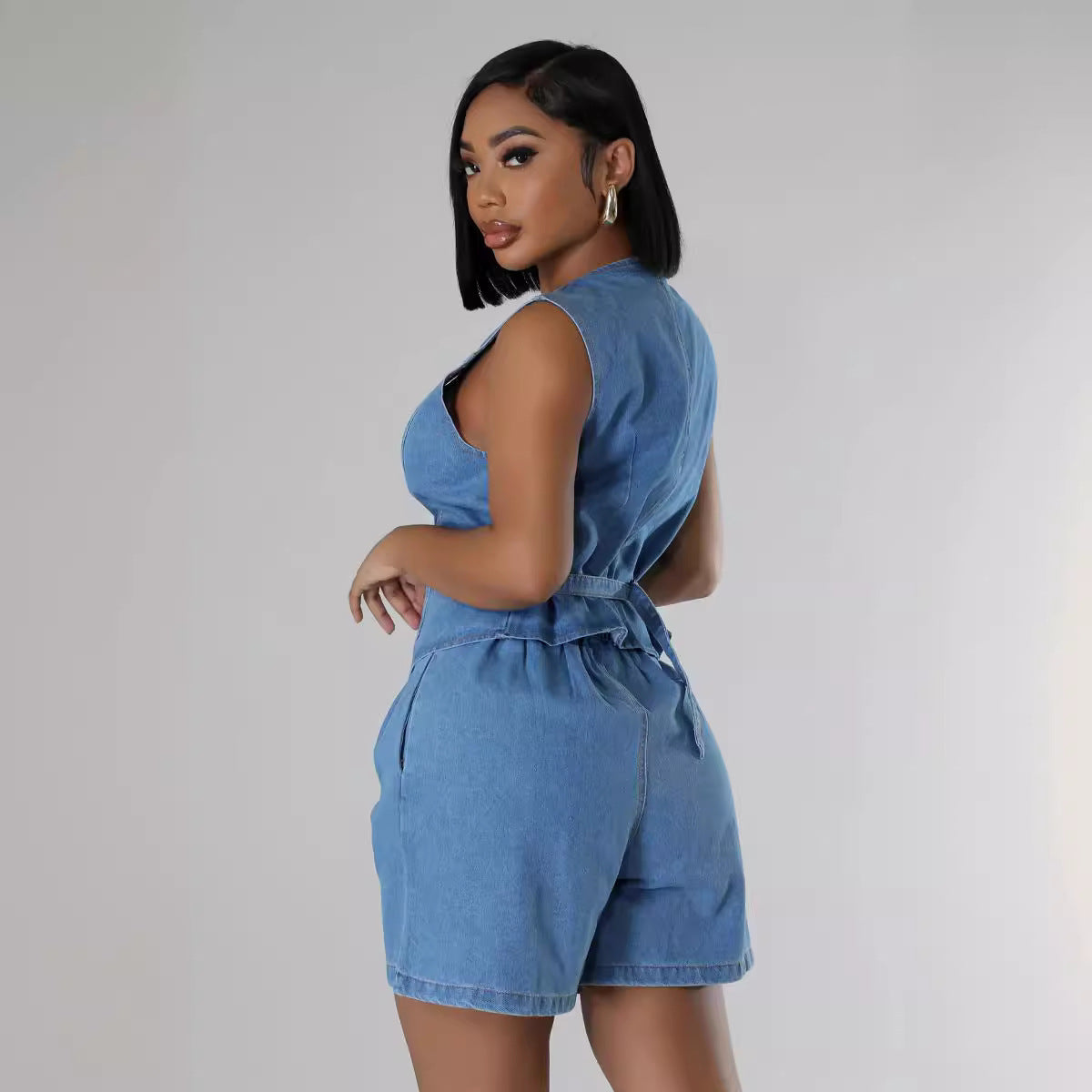 Casual Sleeveless High Waist Denim Shorts Suit