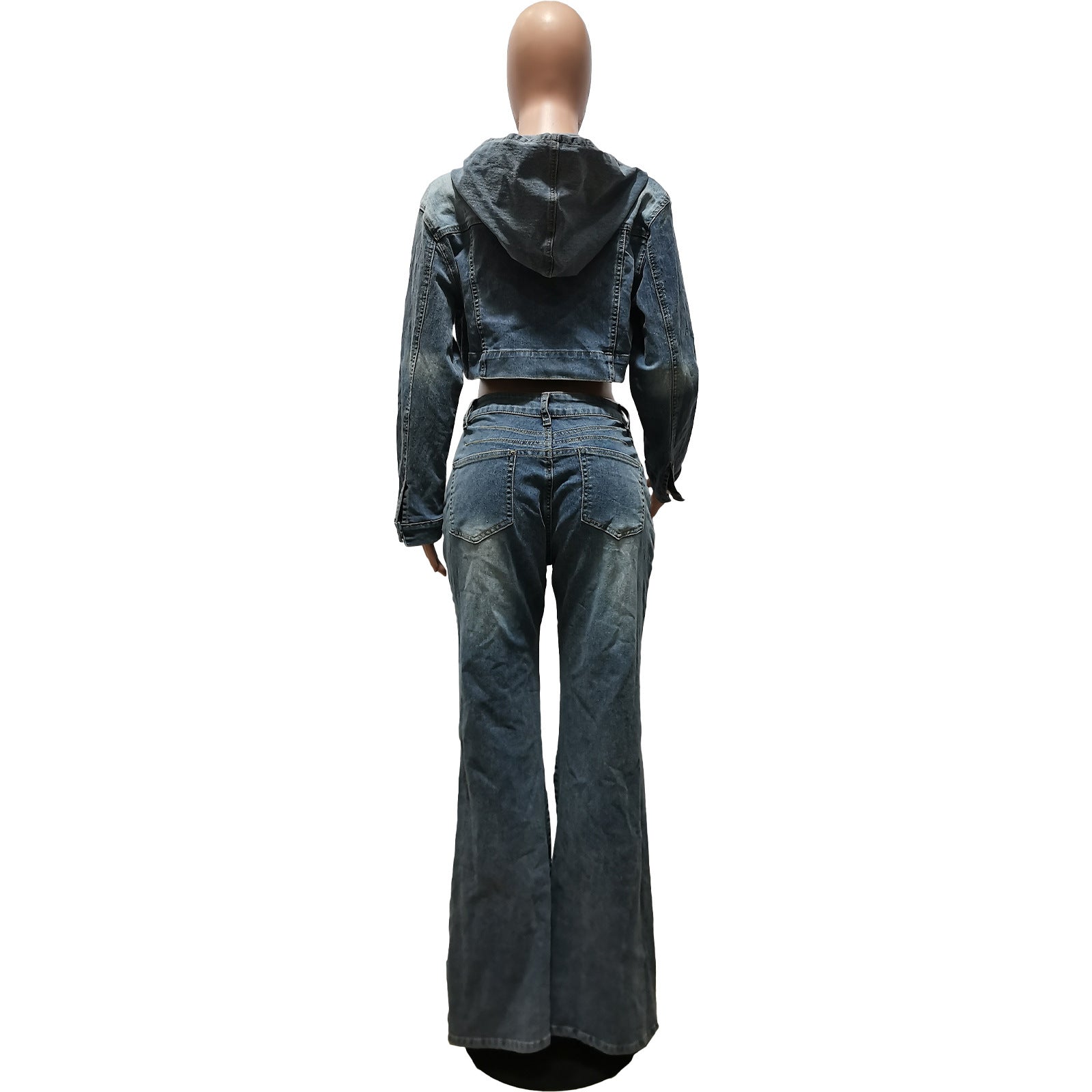 Cardigan Hooded Non-Elastic Bell-bottom Pants Denim Suit