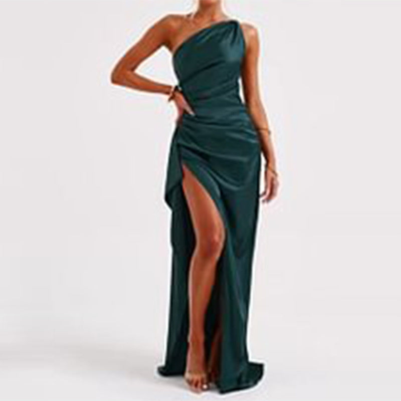 Sexy One-shoulder Backless Slit Dress Summer Elegant Slim-fit Solid Color Satin Dresses