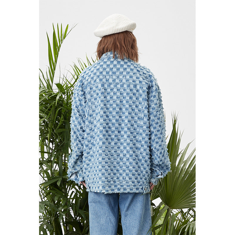 Spring Loose Lapel Plaid Embroidered Label Denim Coat