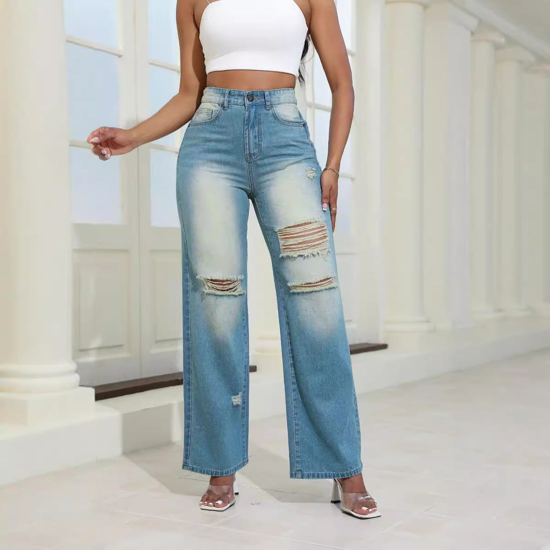 Fashion High Waist Ripped Jeans With Pockets Comfortable Slim Fit Straight Wide-leg Pants