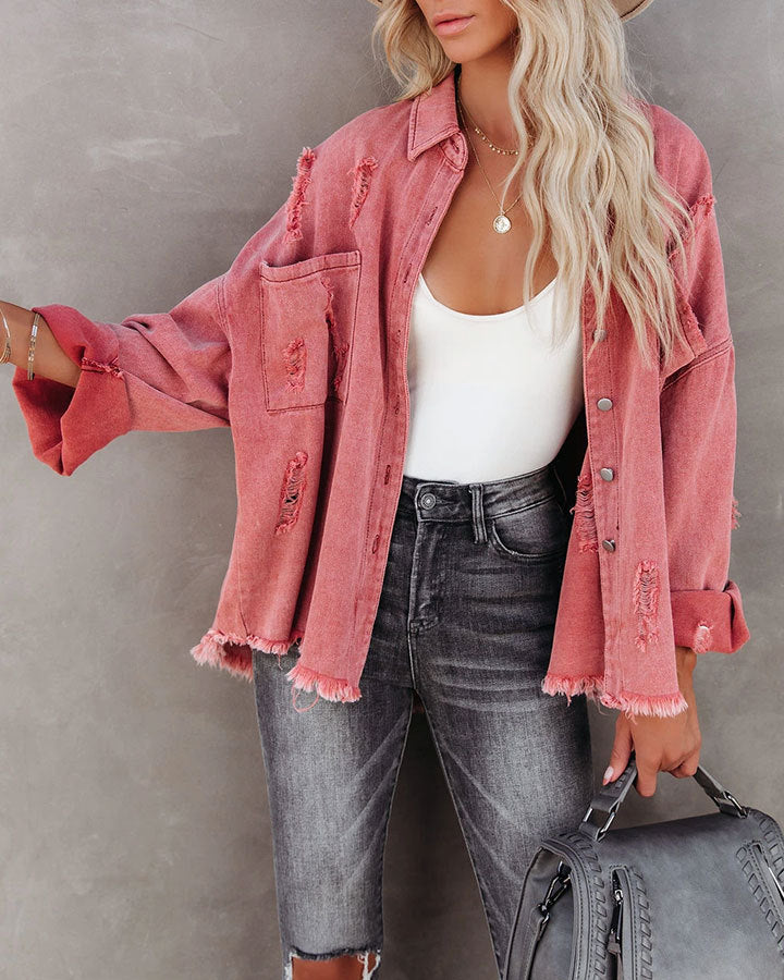 New Washed And Worn Fringed Loose Jacket