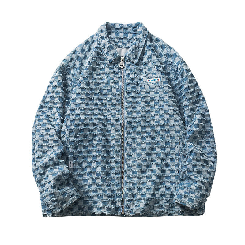 Spring Loose Lapel Plaid Embroidered Label Denim Coat