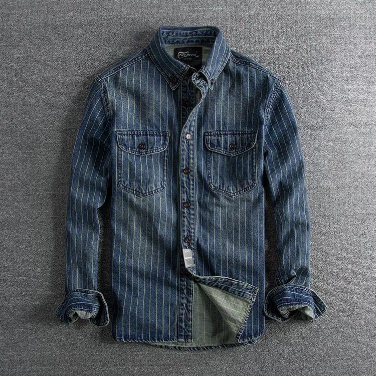 Denim Shirt Retro Heavy Distressed Thick Striped Long Sleeve
