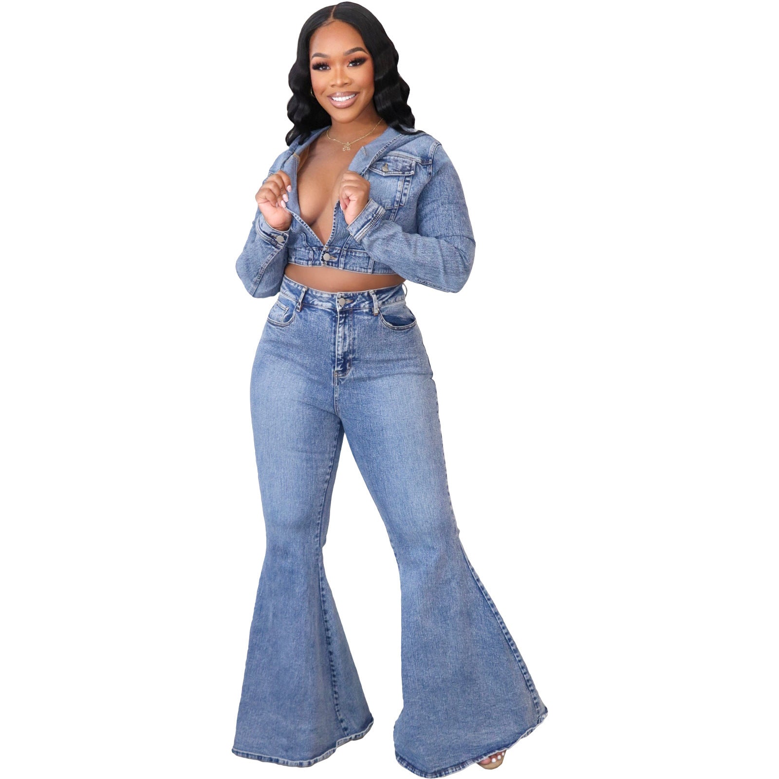 Cardigan Hooded Non-Elastic Bell-bottom Pants Denim Suit