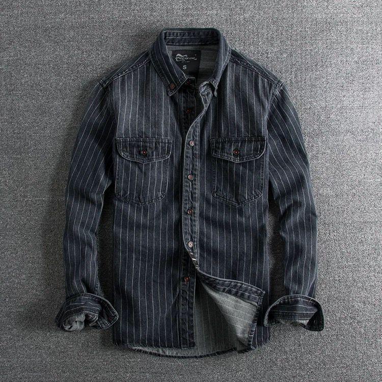 Denim Shirt Retro Heavy Distressed Thick Striped Long Sleeve