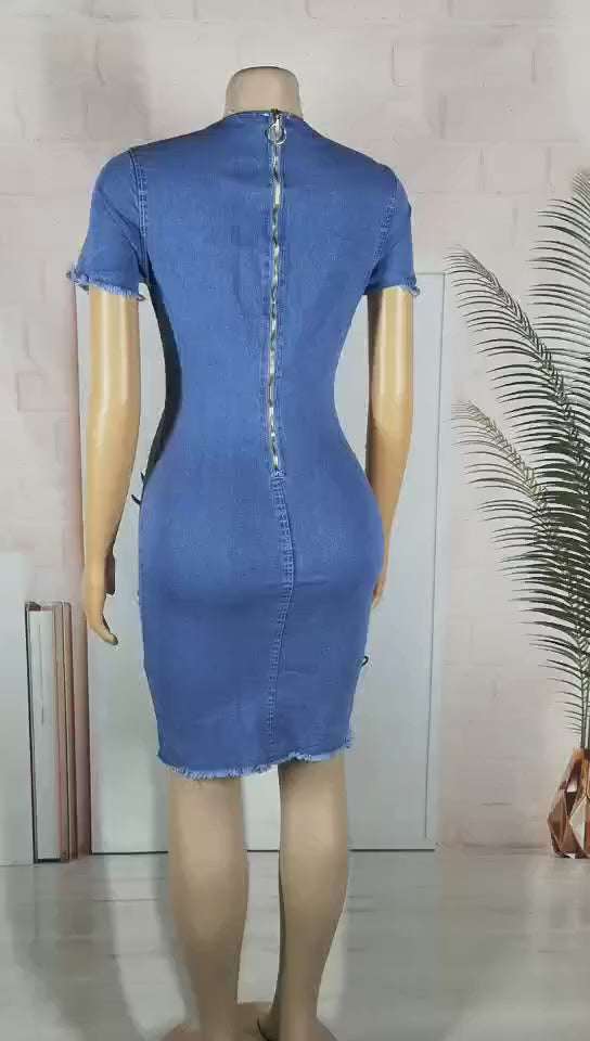 Stretchy Ragged White Wash Denim Dress