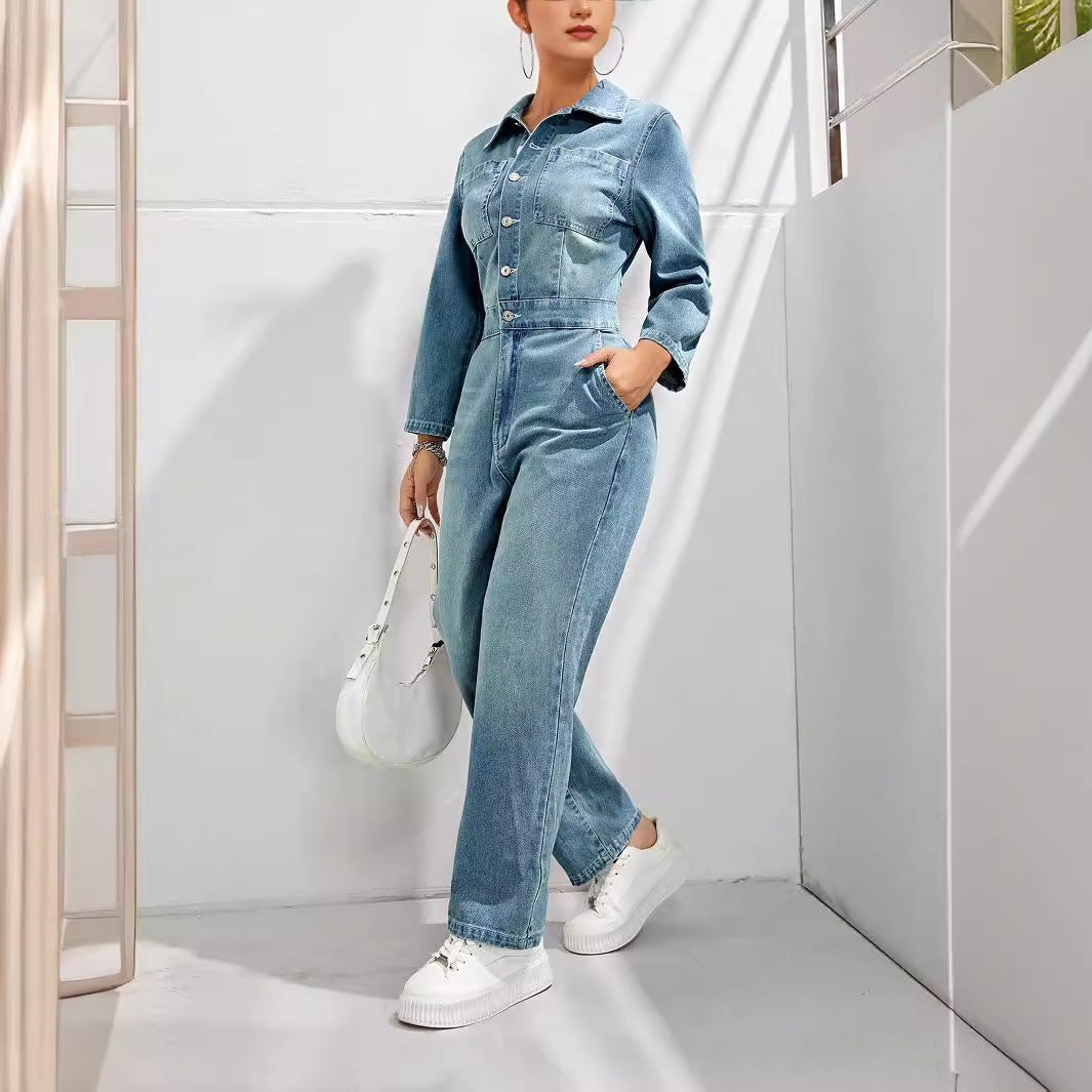 Slim-Fit Long-Sleeved Denim Jumpsuit