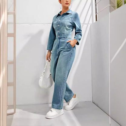 Slim-Fit Long-Sleeved Denim Jumpsuit
