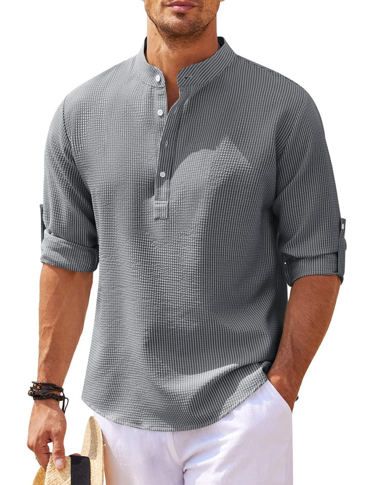 Long Sleeve Stand Collar Solid Color Shirt Mens Clothing