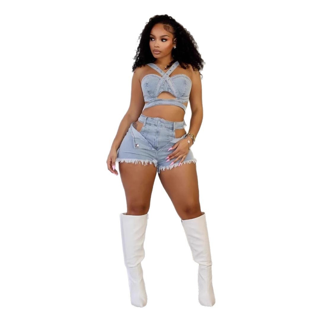 Washed Elastic Denim Casual Vest Shorts Set