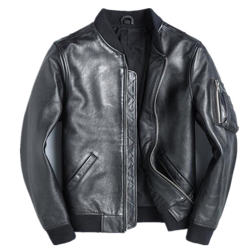 Slim Fit Black Leather Jacket with Stand-Up Collar and Ribbed Hem