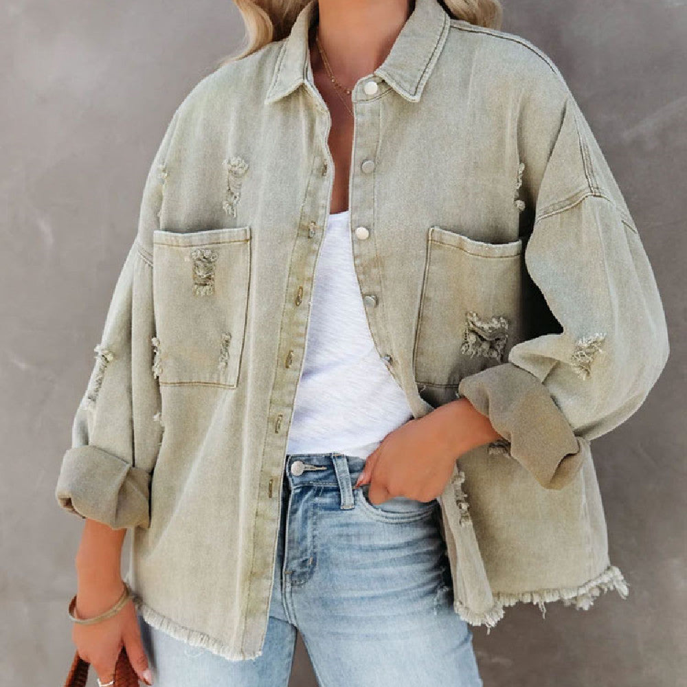 New Washed And Worn Fringed Loose Jacket