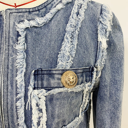 Denim Jacket With Fringe Stitching Lion Head Buckle