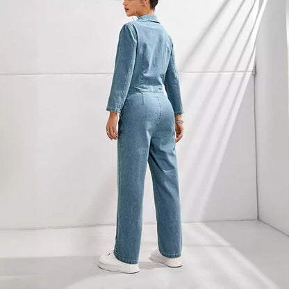 Slim-Fit Long-Sleeved Denim Jumpsuit