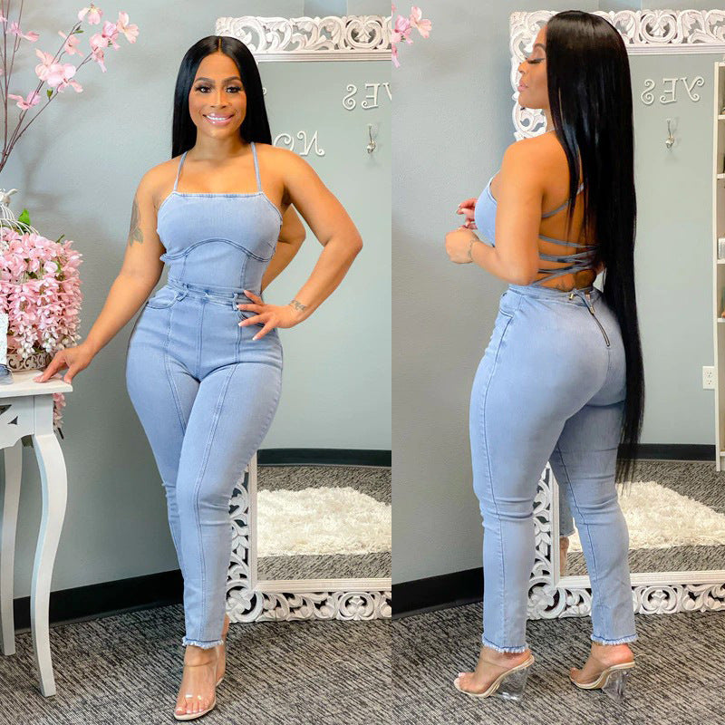 Casual Slim Sexy Backless Bandage Suspenders Denim Jumpsuit