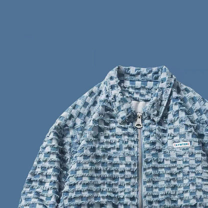 Spring Loose Lapel Plaid Embroidered Label Denim Coat