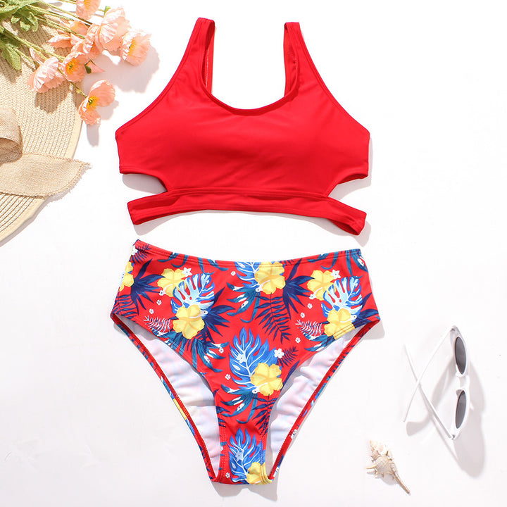 Ladies High Waist Solid Color Printed Swimsuit