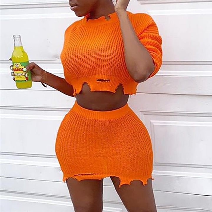 Sexy knitted two piece suit sweater dress Women bodycon mini