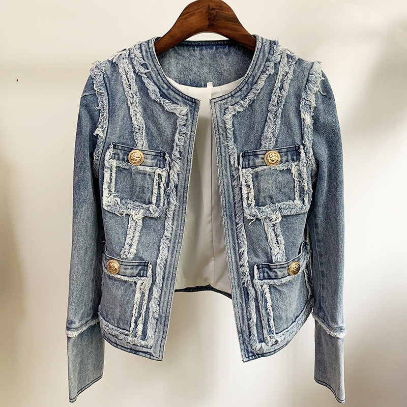 Denim Jacket With Fringe Stitching Lion Head Buckle