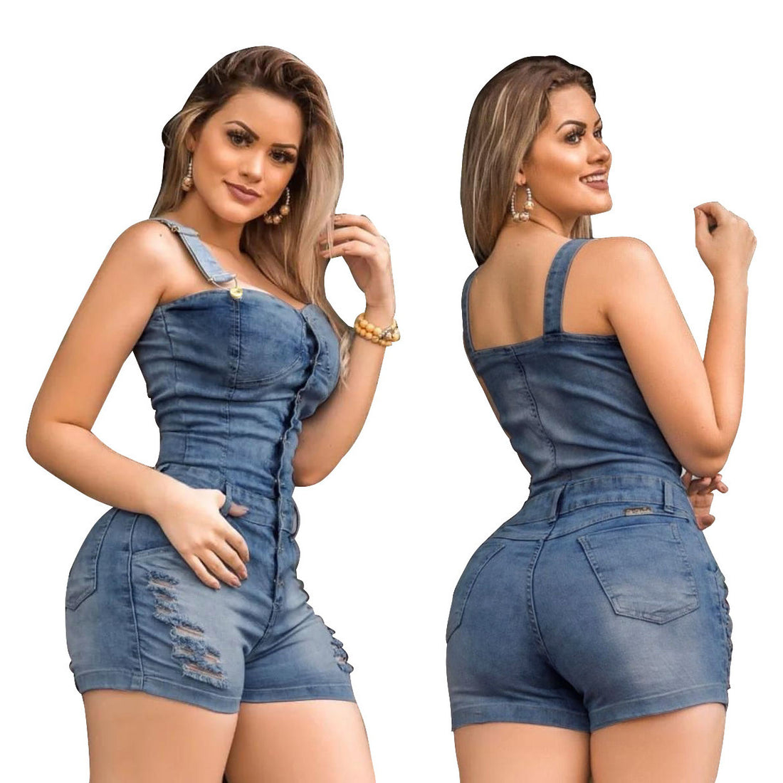Denim Slim Fit Jumpsuit White Spray Hole Jumpsuit Denim Shorts