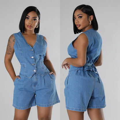 Casual Sleeveless High Waist Denim Shorts Suit
