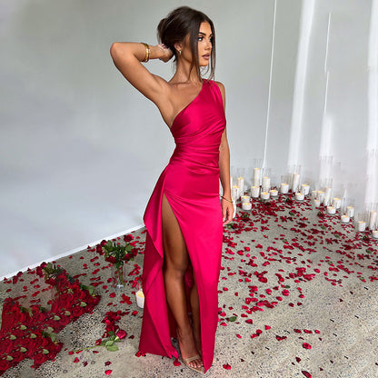 Sexy One-shoulder Backless Slit Dress Summer Elegant Slim-fit Solid Color Satin Dresses
