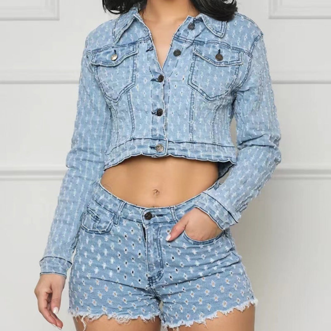 Leisure Ripped Denim Shorts Suit