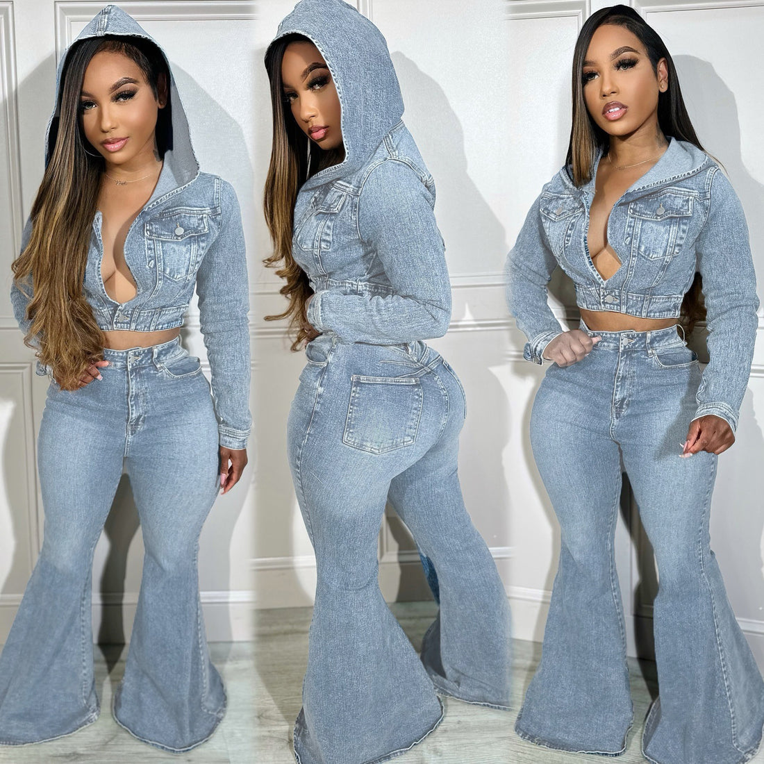 Cardigan Hooded Non-Elastic Bell-bottom Pants Denim Suit