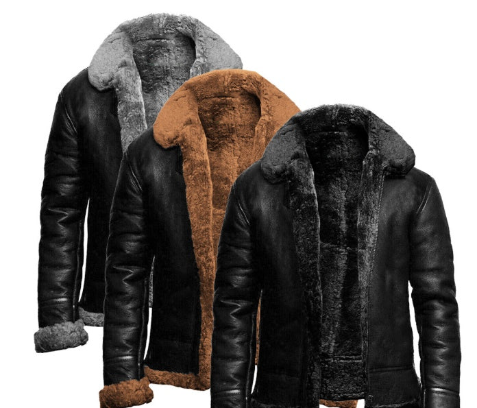 Leather-fur One-piece Lapel Winter Cold-proof Leather Jacket
