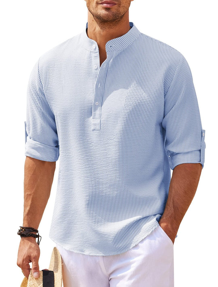 Long Sleeve Stand Collar Solid Color Shirt Mens Clothing