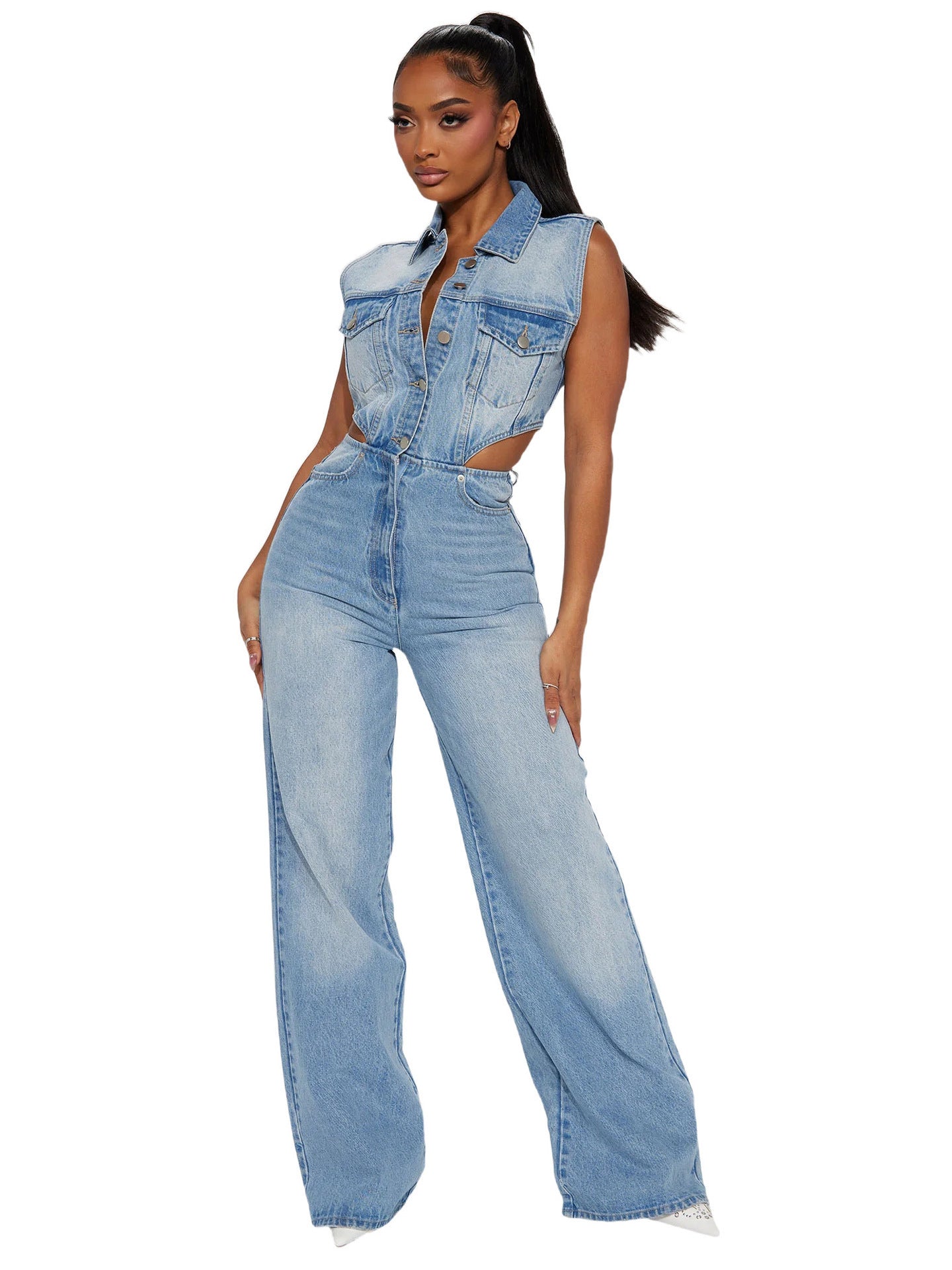 Slim Elastic Wash Denim Jumpsuit Straight Loose Jumpsuit