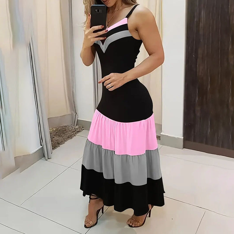 Summer Casual Sleeveless V Neck Color Block Spaghetti Strap Maxi Long Dress