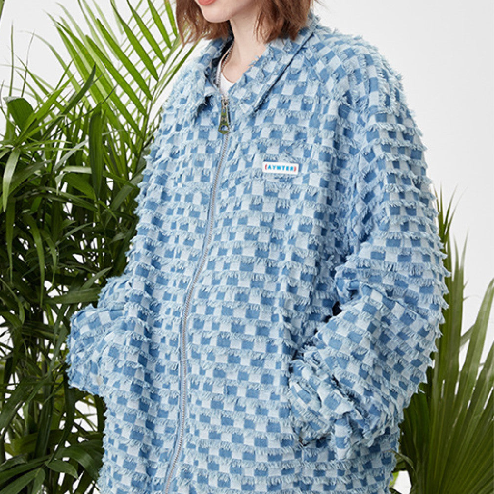 Spring Loose Lapel Plaid Embroidered Label Denim Coat