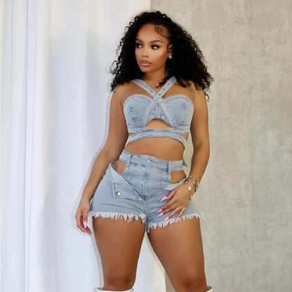 Washed Elastic Denim Casual Vest Shorts Set