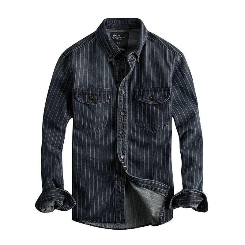 Denim Shirt Retro Heavy Distressed Thick Striped Long Sleeve