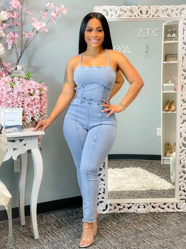 Casual Slim Sexy Backless Bandage Suspenders Denim Jumpsuit