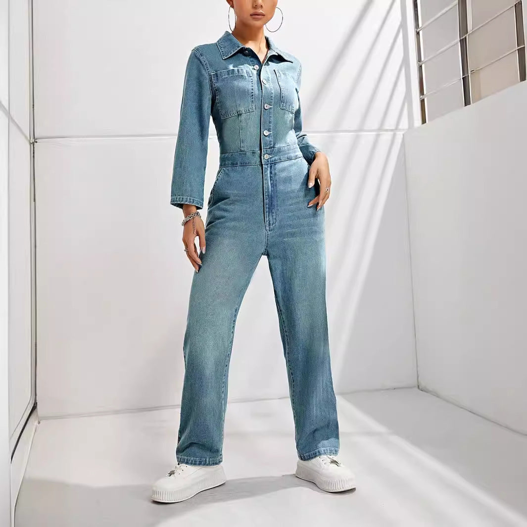 Slim-Fit Long-Sleeved Denim Jumpsuit
