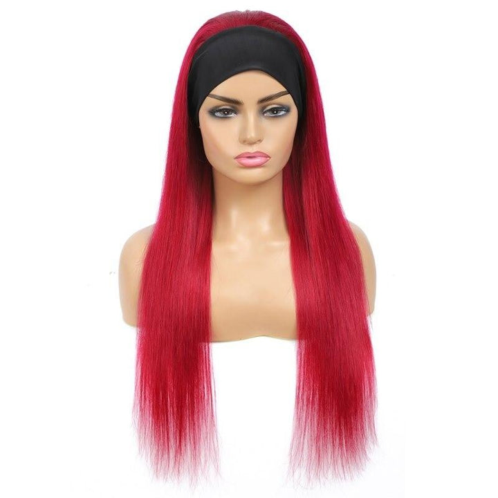 Burgundy Headband Straight Human Hair Wig #99J  Scarf Wig No GLUE Easy