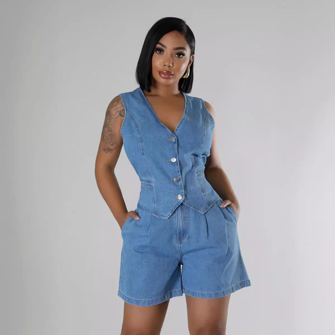 Casual Sleeveless High Waist Denim Shorts Suit