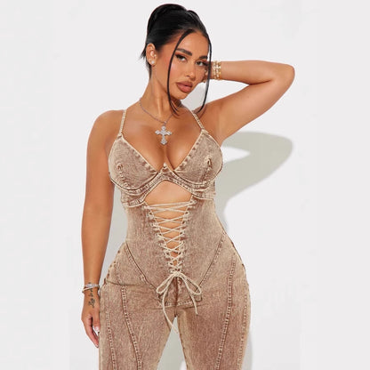 Hollowed-out Lace-up Girdle Denim Jumpsuit