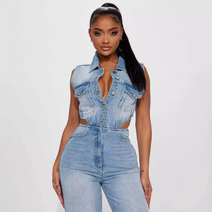 Slim Elastic Wash Denim Jumpsuit Straight Loose Jumpsuit