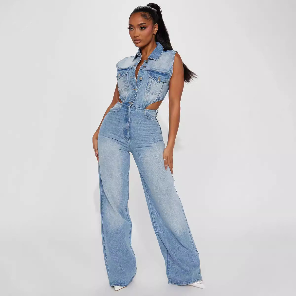 Slim Elastic Wash Denim Jumpsuit Straight Loose Jumpsuit
