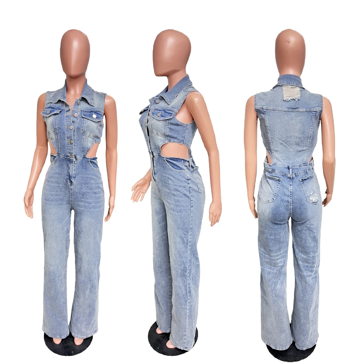 Slim Elastic Wash Denim Jumpsuit Straight Loose Jumpsuit