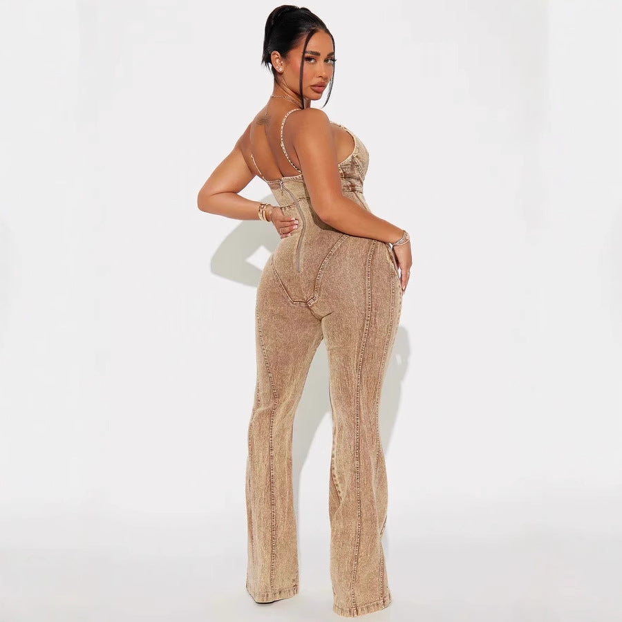 Hollowed-out Lace-up Girdle Denim Jumpsuit