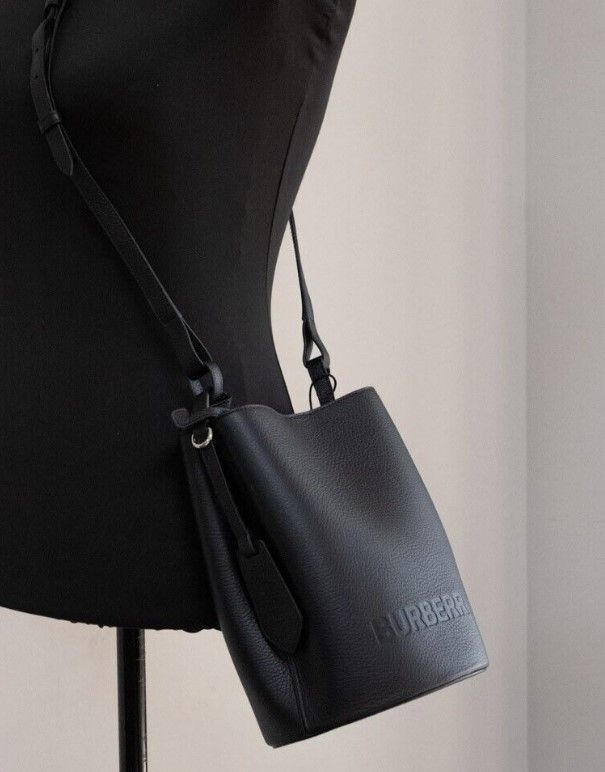 Burberry Lorne Small Black Pebbled Leather Bucket Crossbody Handbag